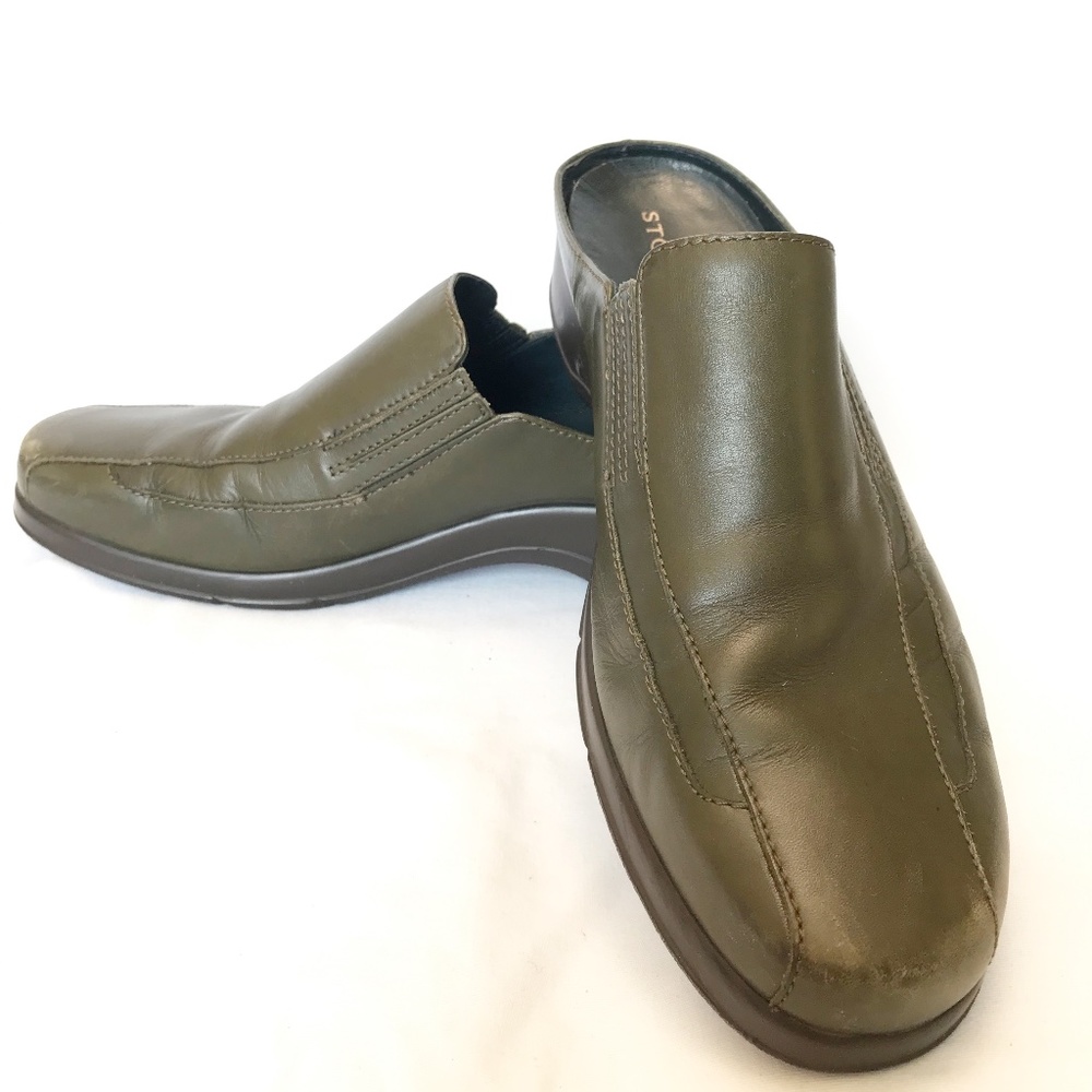 Stonefly green leather slip on mules